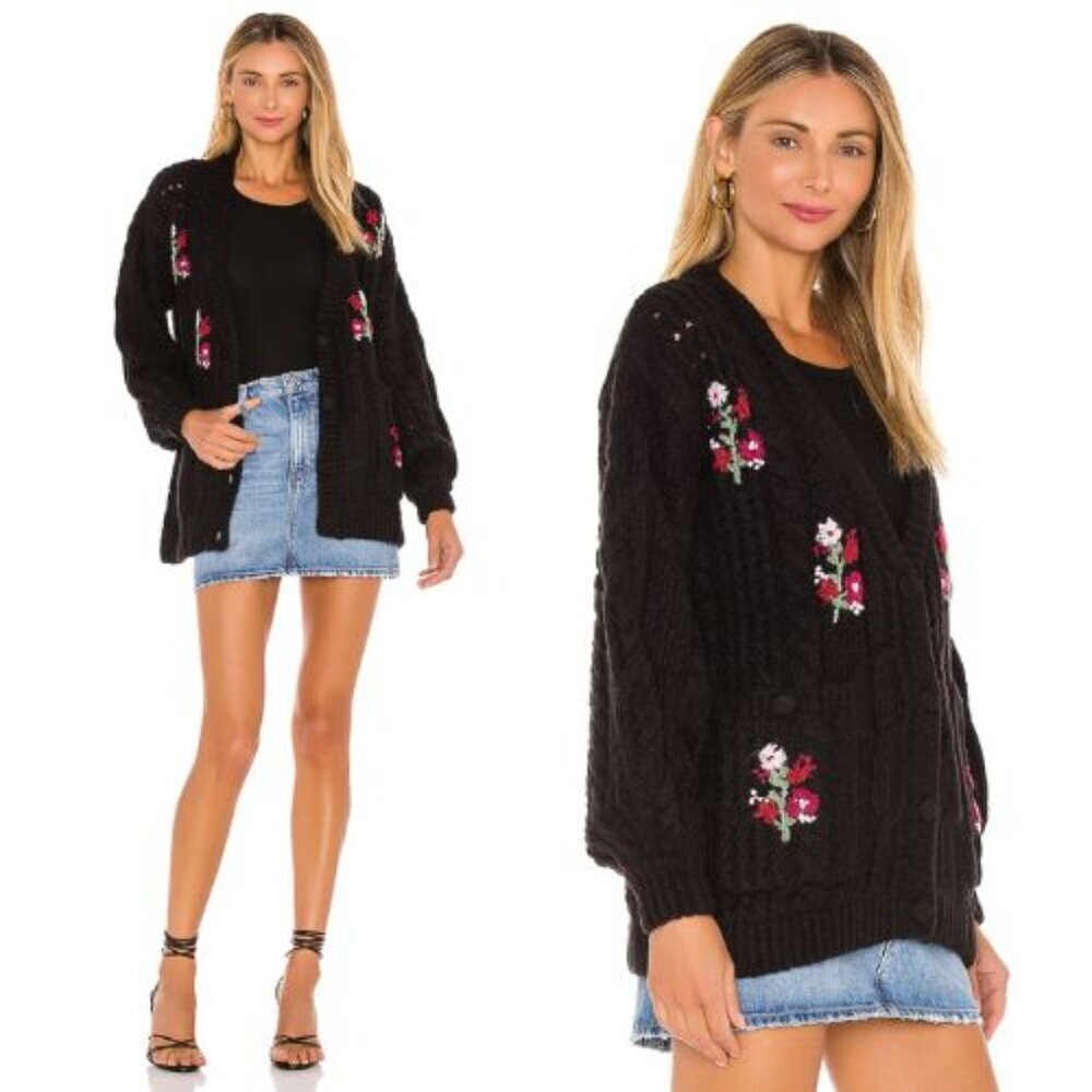 New! For Love & Lemons Black Amaryllis Button Down Cardigan Sweater 23990
